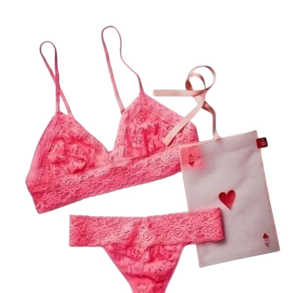 Anthropologie Bralette‎ and Thong Set Pink Lace with Organza Bag
